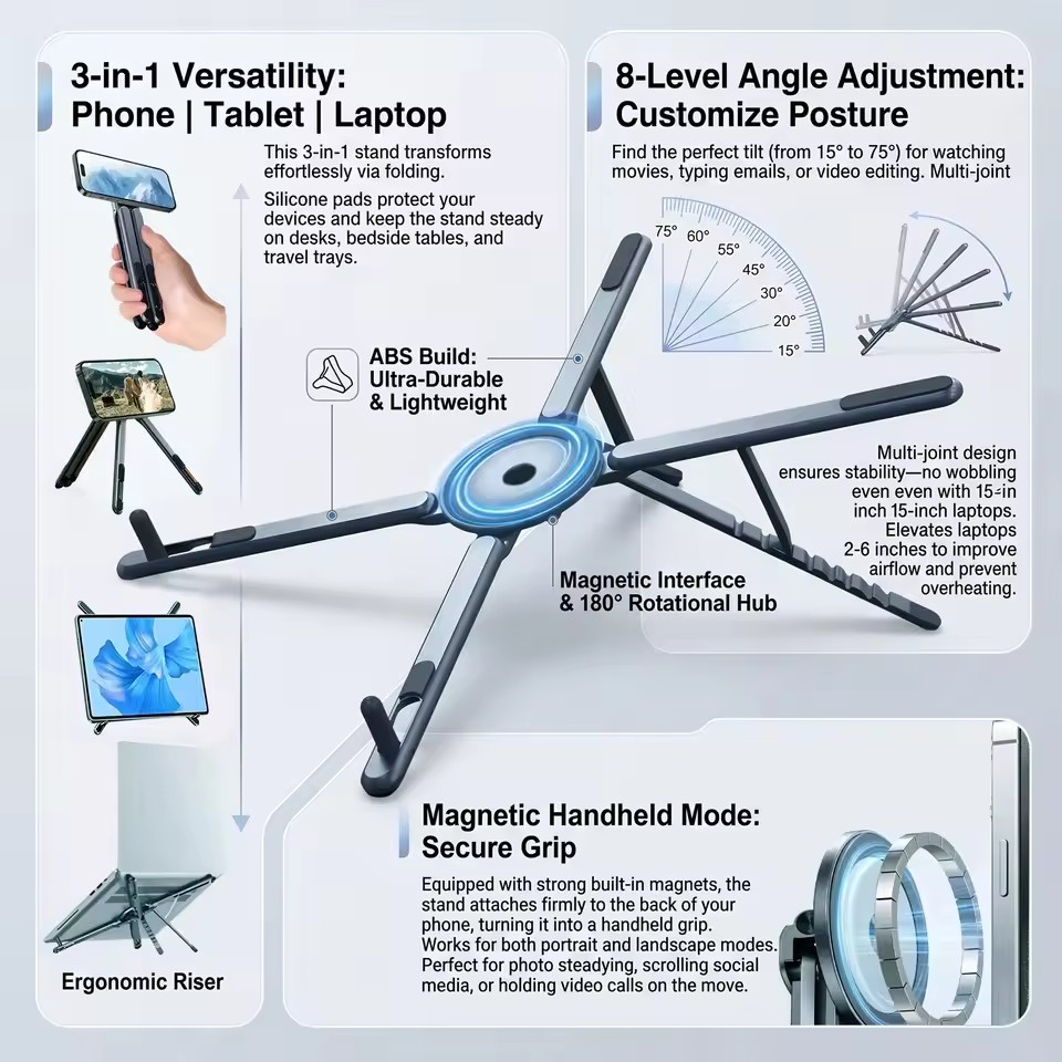 Desk Setup Stand - Portable Magnetic Phone Holder & Selfie