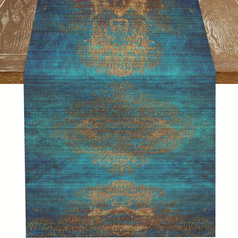Desk Setup Dark - Dark Blue Retro Woven Table Runner